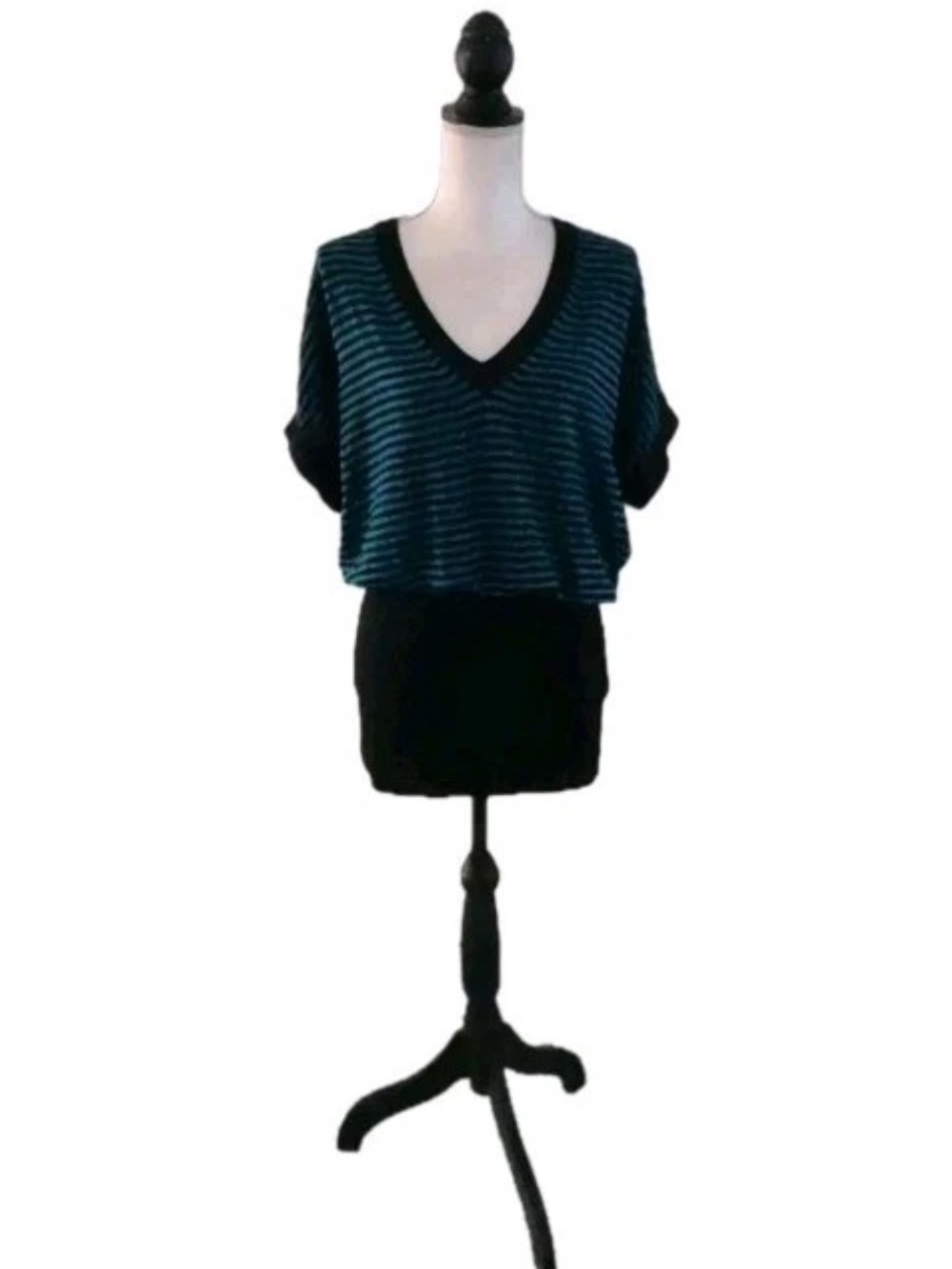 French Connection Women's Black & Teal Striped V-Neck Sweater